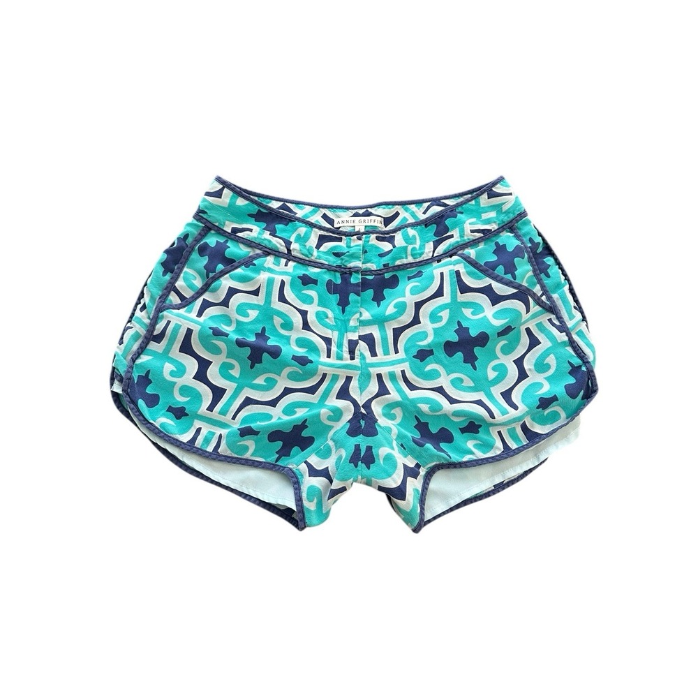 Annie Griffin Shorts Women's Sz 4 100% Silk‎ Blue White Geometric Print #BB12-4